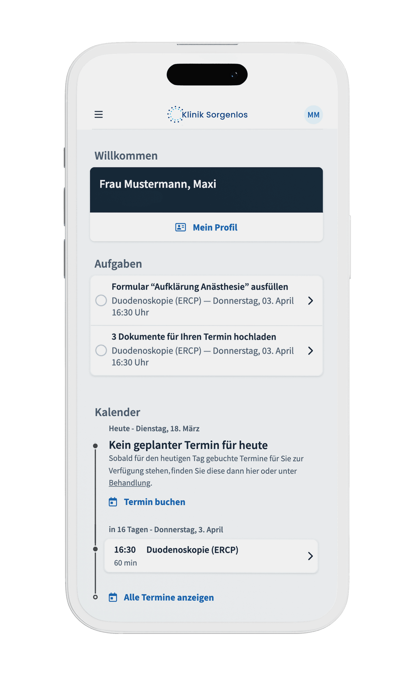 Patientenportal Krankenhaus samedi Übersicht Patientenkonto